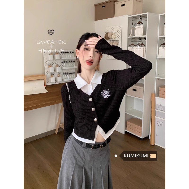 Designed fake two-piece long-sleeved Polo collar sweater for women in autumn black spliced ​​short slim college style top