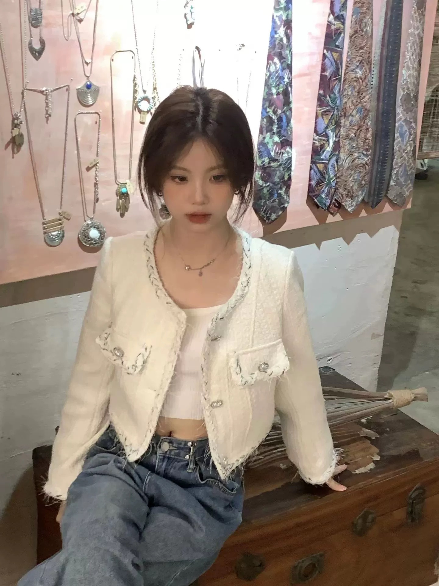 秋季法式粗花呢小香風外套女設計感白色開衫高級感短款小西裝上衣