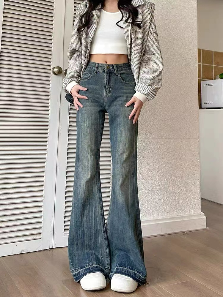 微喇牛仔褲女春秋2023年新款美式復古高腰寬鬆不貼腿喇叭褲子秋季