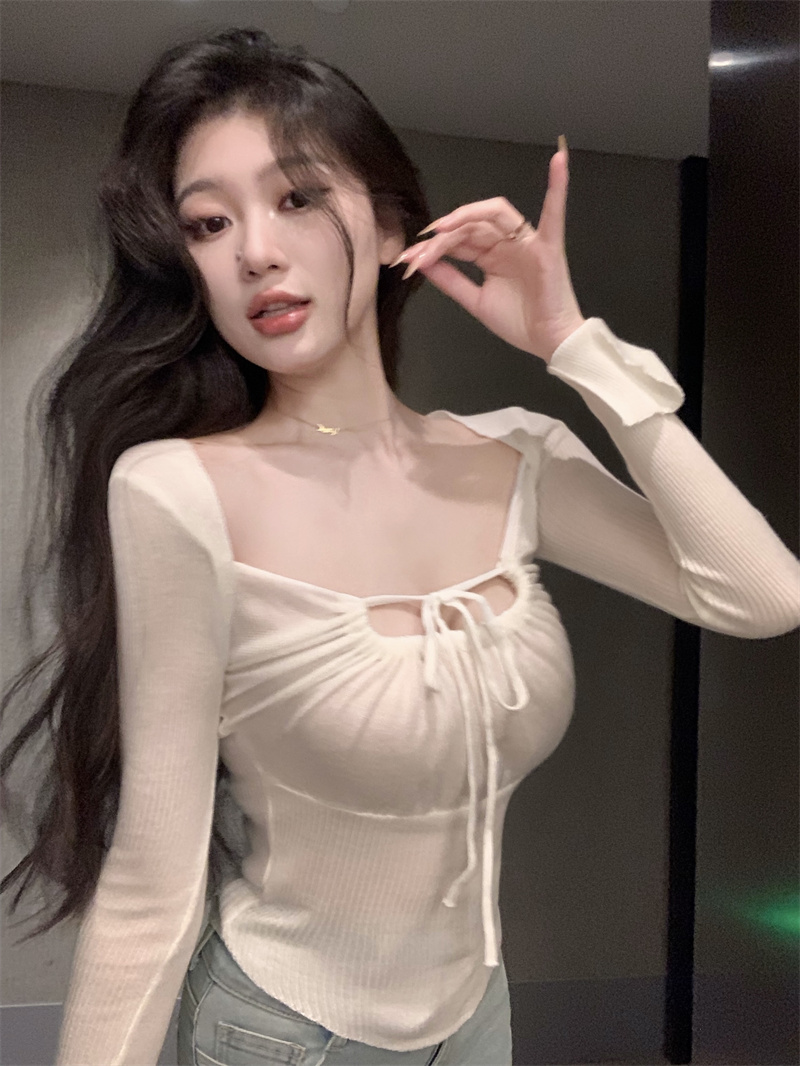純欲白色方領長袖T恤女秋季性感修身收腰短款打底衫抽繩綁帶上衣