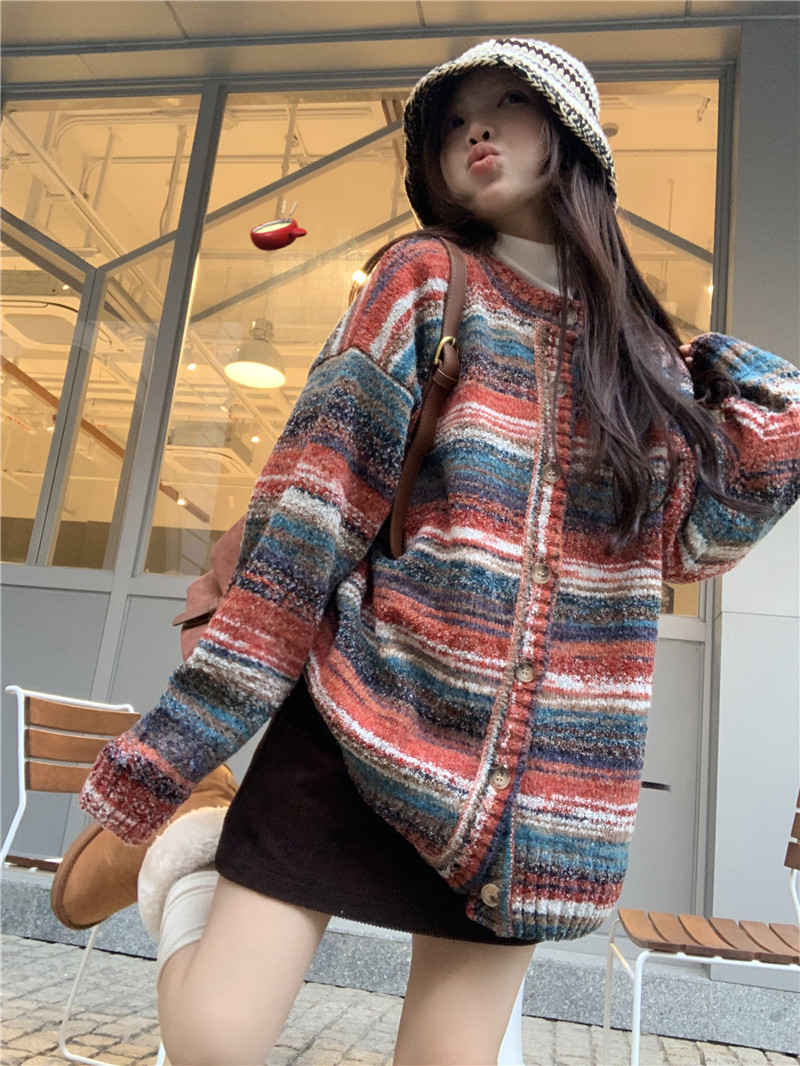 實拍彩色漸變開衫情侶撞色條紋時尚復古毛衣開衫外套