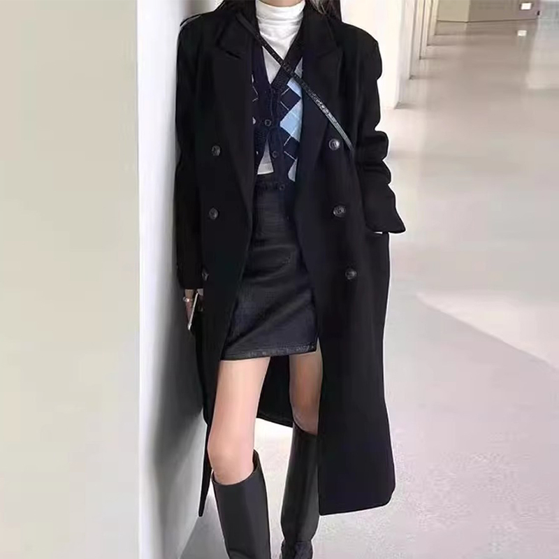 黑色呢子大衣女秋冬赫本風高級感長款小個子毛呢外套2023新款