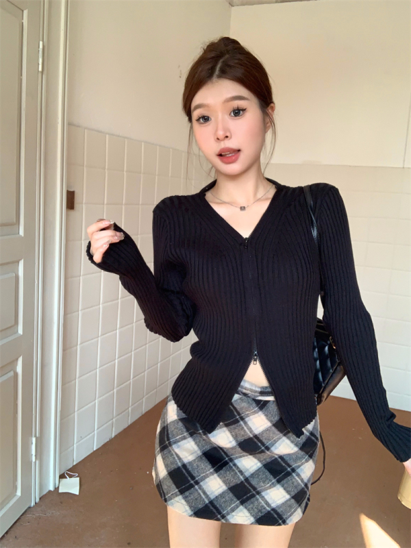 實拍 早秋新款設計感雙拉鏈毛衣針織開衫外套女慵懶V領上衣