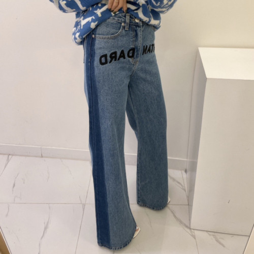 Stylish retro bootcut denim trousers with color block letter embroidery on the side seams