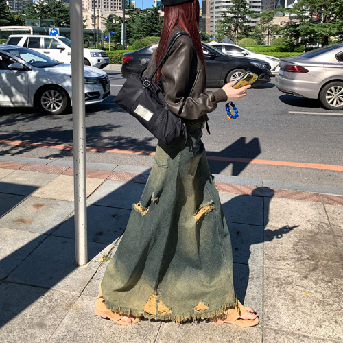 Photographed in  Autumn/Winter Fashion Long Dress, Versatile Style, Desolate Blue Denim Skirt