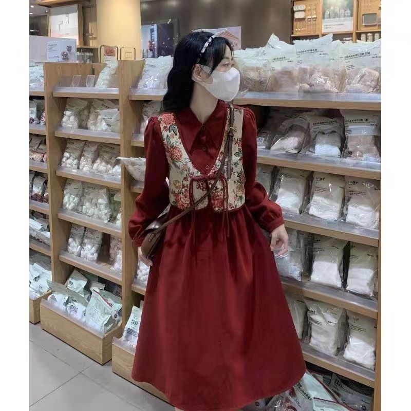 新中式國風盤扣設計感小眾馬甲假兩件連衣裙女秋冬小個子復古裙子