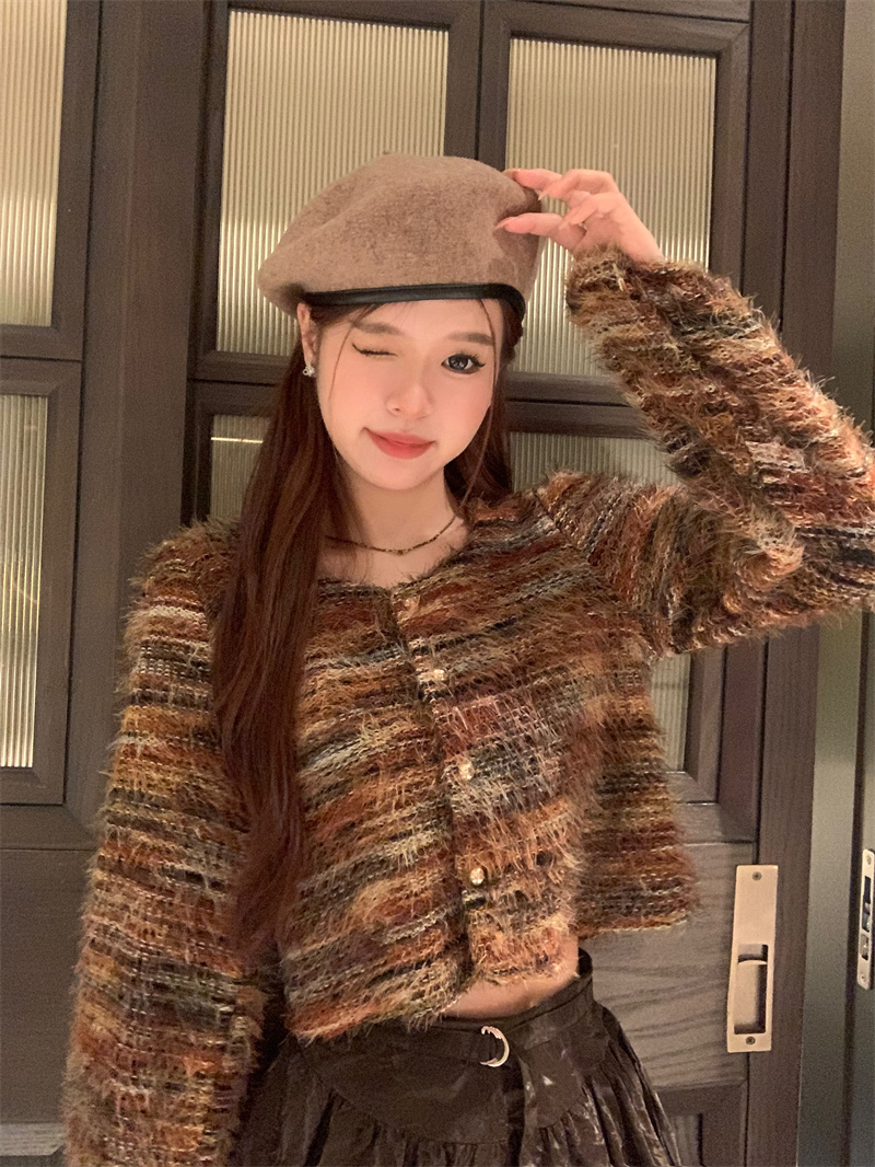小香風軟糯長袖針織衫女秋季2023新款短款條紋設計感氣質毛衣開衫
