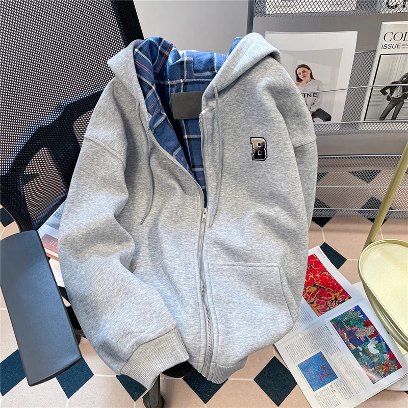 2023 Korean version of Chinese cotton composite milk silk plaid splicing hooded sweatshirt for women spring and autumn short coat for women