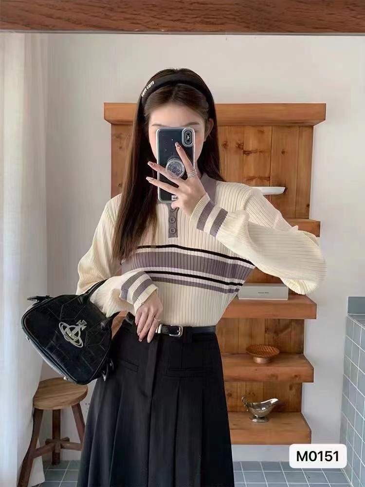 秋冬新款韓版時尚氣質polo領撞色針織百搭長袖上衣女