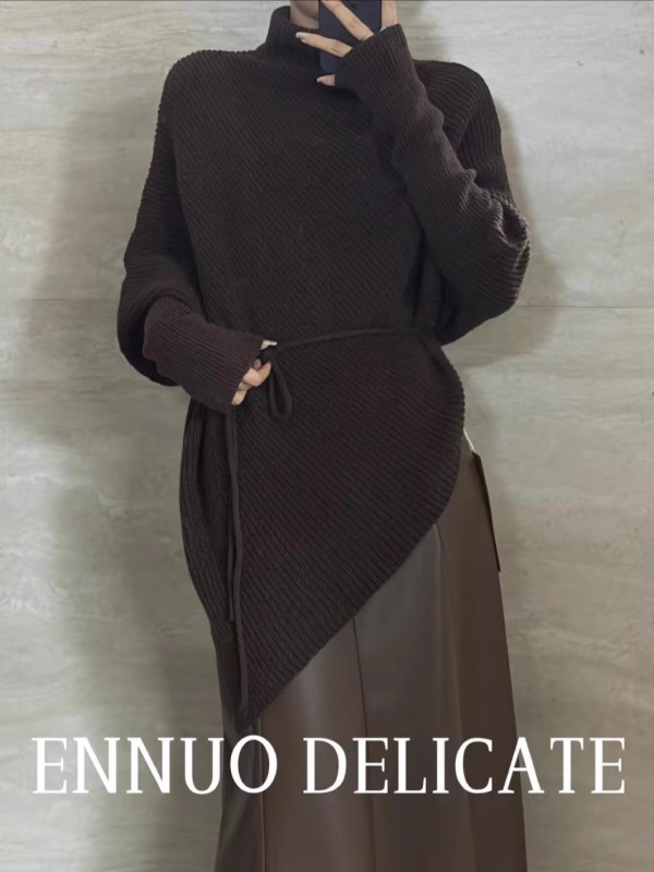 ENNUO 秋冬季不規則高領寬鬆毛衣女韓版慵懶風蝙蝠袖加厚針織上衣