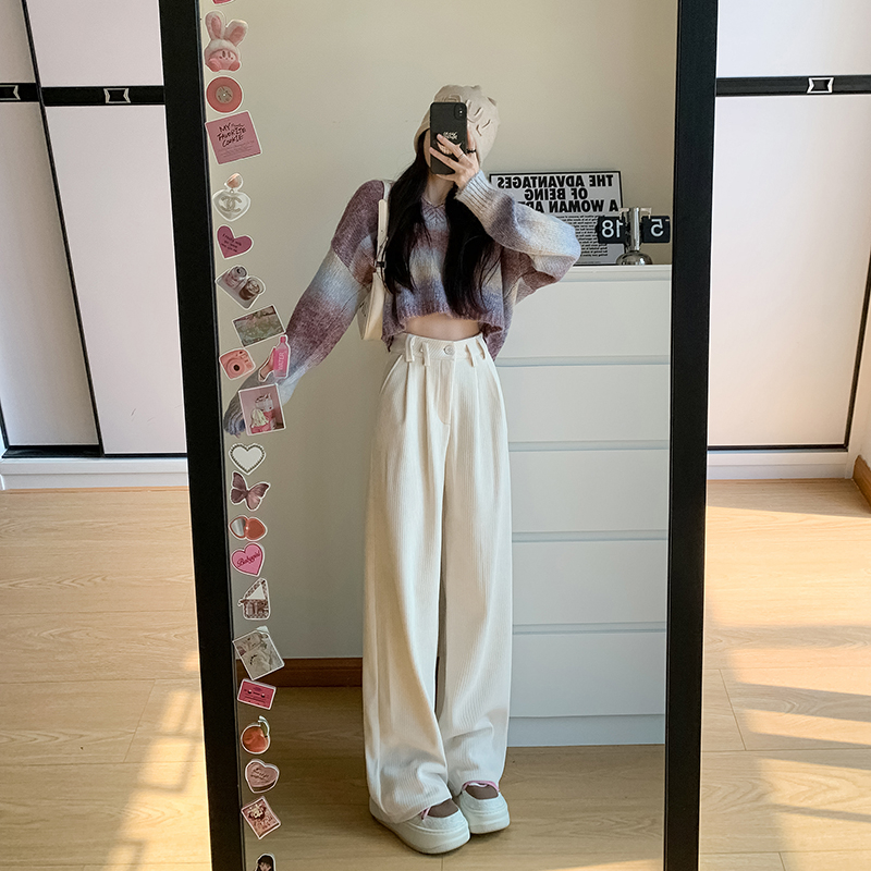 實拍 杏色燈芯絨褲女2023年秋冬寬鬆遮胯顯瘦高腰休閒感闊腿褲