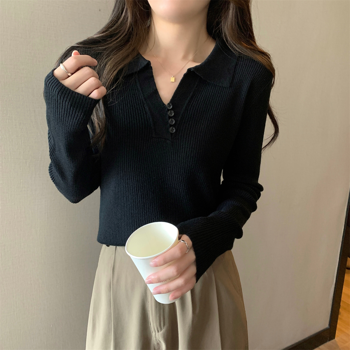 實拍 秋冬韓版修身polo領紐扣別致內搭安迪絨針織打底女毛衣