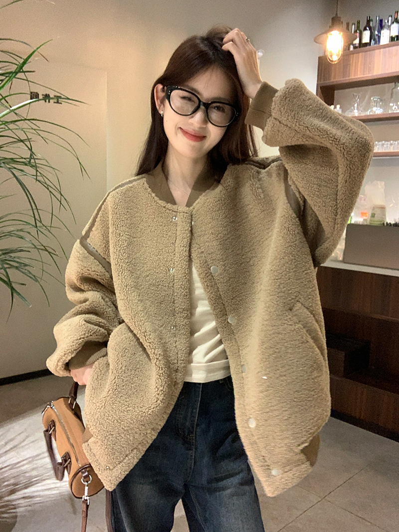 實拍 仿皮毛一體羊羔絨開衫衛衣冬季寬鬆顆粒絨棉服外套