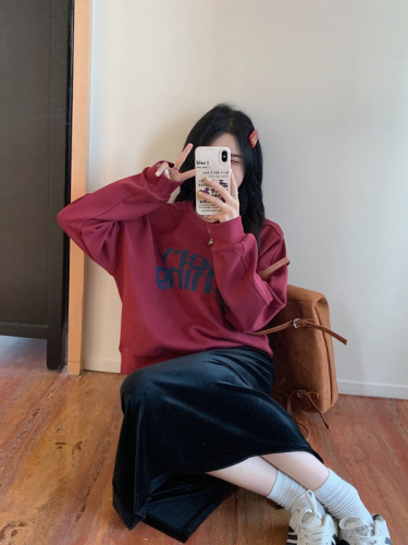 Actual shot~Large size fat mm plus velvet and thickened round neck printed pullover sweatshirt for women + elastic waist velvet skirt