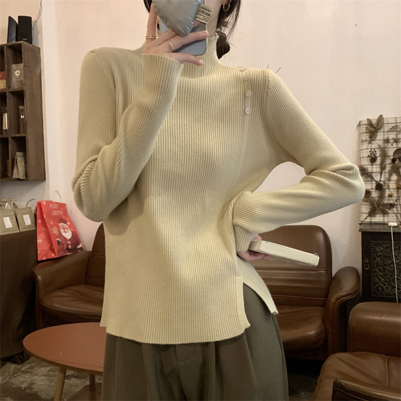 毛衣女秋冬2023新款加厚高級設計感小眾開叉半高領內搭打底針織衫