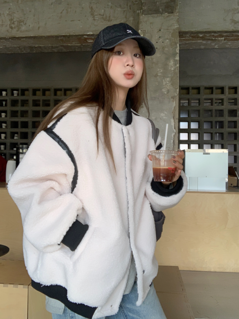 實拍皮毛一體加厚保暖仿羊羔毛棒球服外套