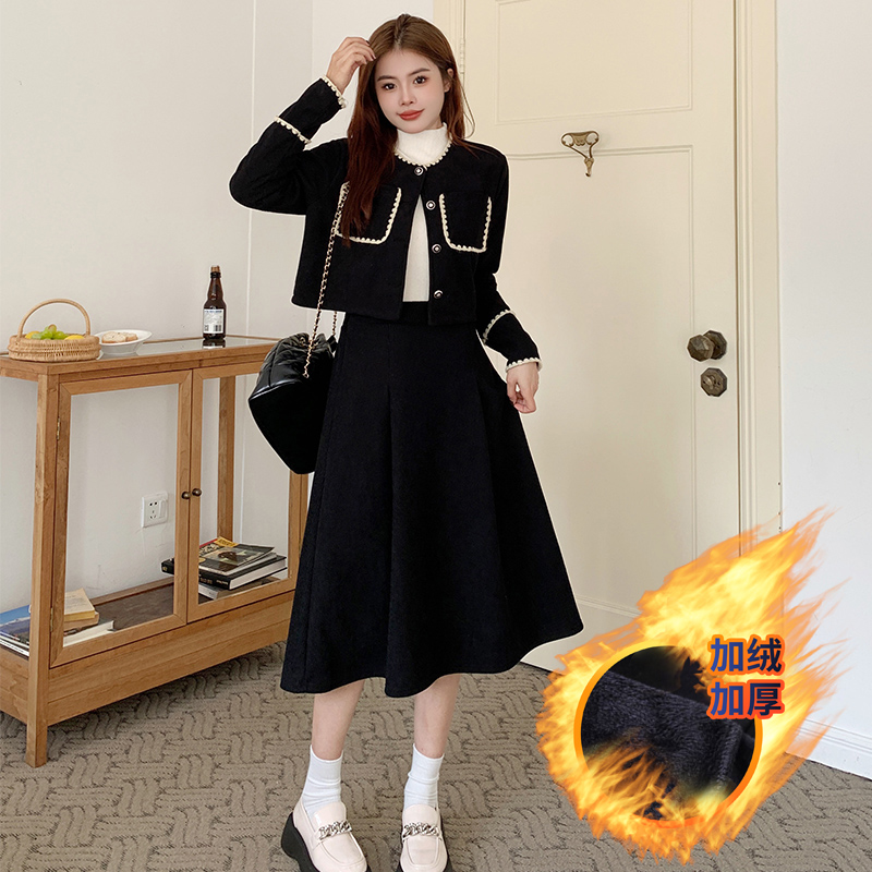實拍｜兩件套｜加絨學院風兩件套裝新中式長袖黑色半身連衣裙子女