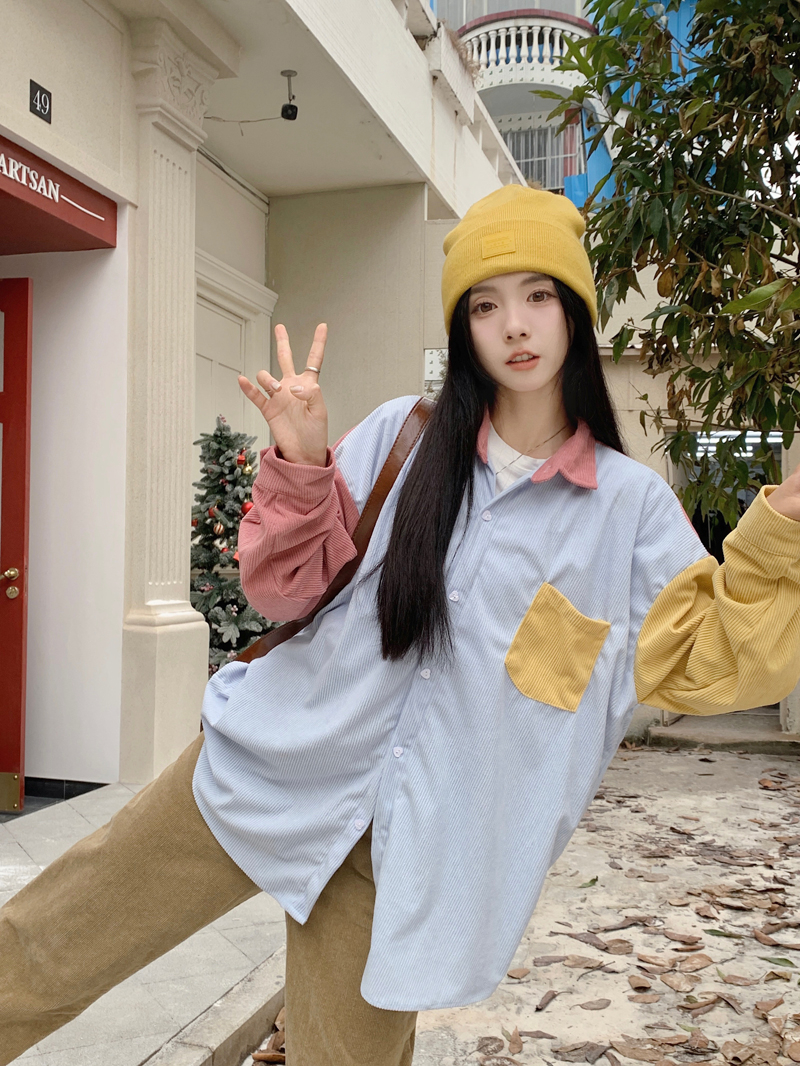 實拍 彩色拼接燈芯絨襯衫休閒小眾襯衣外套女秋冬設計感百搭上衣