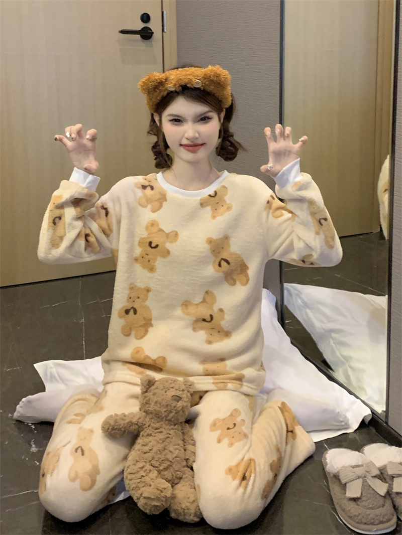 實拍秋冬加厚可愛熊熊家居服套裝可外穿圓領睡衣
