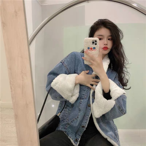 Retro plus velvet and thickened lamb wool denim jacket for women in autumn and winter loose Korean style BF style versatile student long-sleeved top