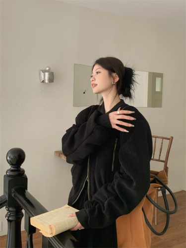 Real shot autumn and winter velvet cotton padded thickening pleated sleeve short jacket with stand-up collar and long zipper 