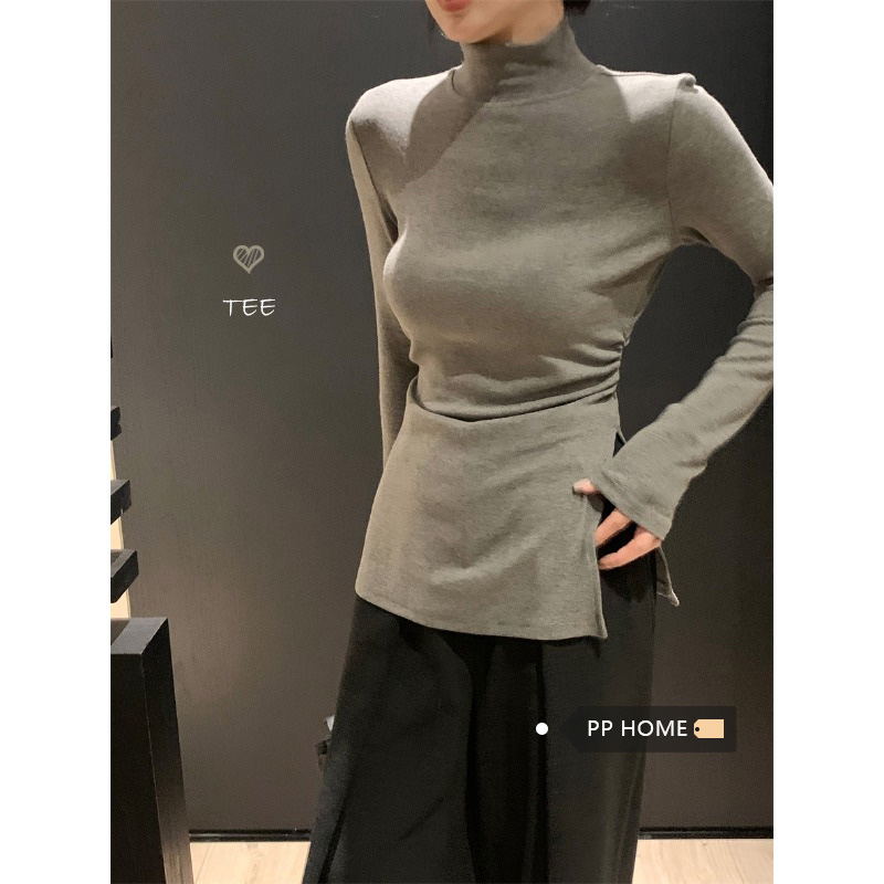 PPHOME素雅師姐~半高領長袖打底衫女秋冬季內搭修身開叉別致上衣