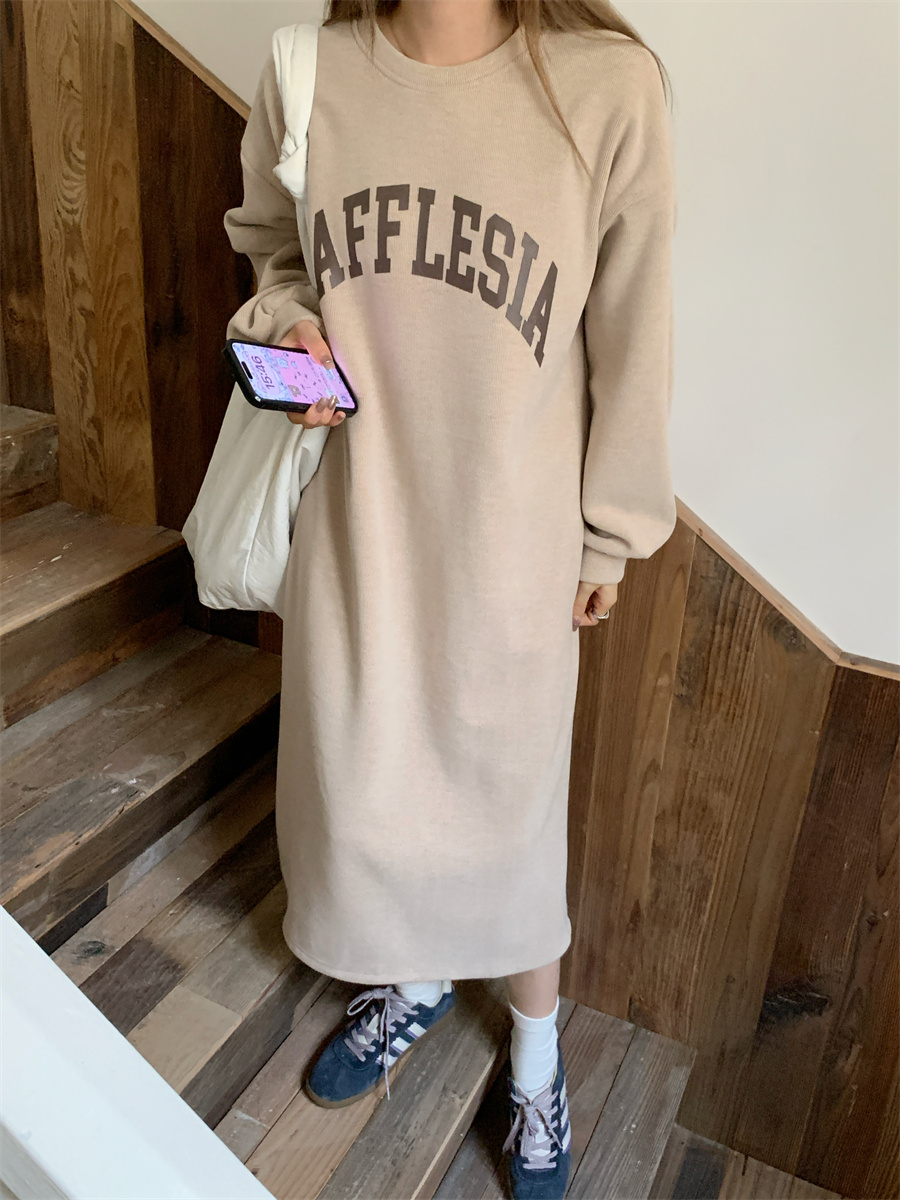 Real shot!  Simple velvet letter sweatshirt dress, college style loose casual long slit dress