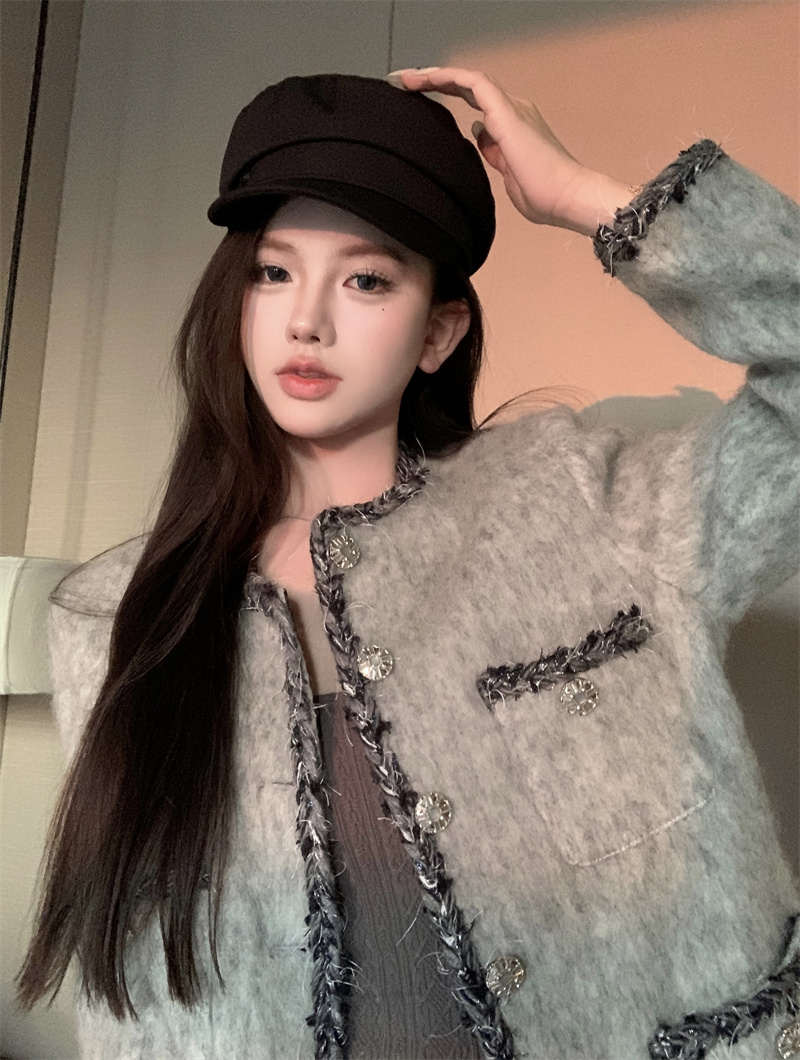 Actual shot ~ high-end design sense of niche temperament socialite gray furry style jacket