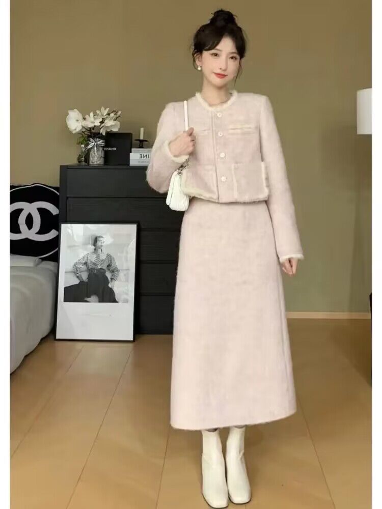 秋冬裝搭配一整套粉色小香風套裝女高級感毛絨短外套半身裙兩件套