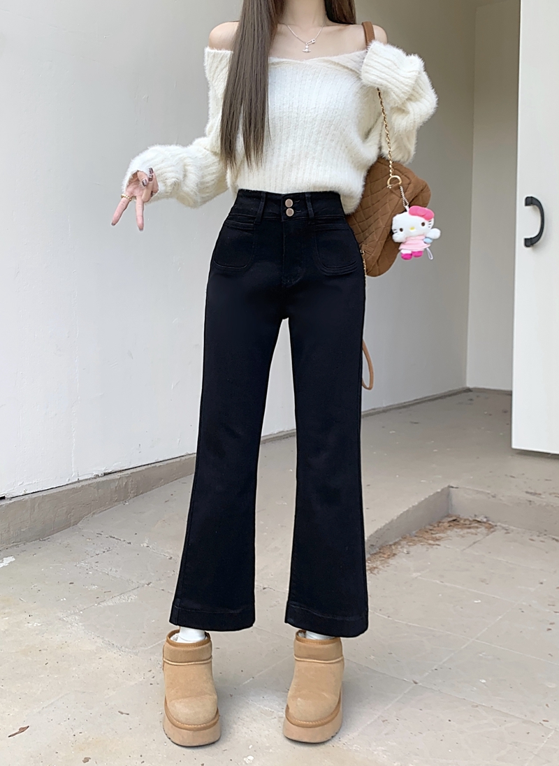 Actual shot #New style black denim trousers for women with design sense of two-button straight nine-point pants for women