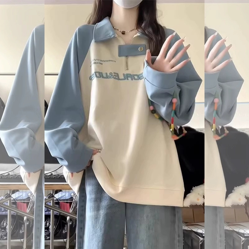 美式復古加絨設計感polo領衛衣女春秋慵懶風oversize薄款寬鬆上衣