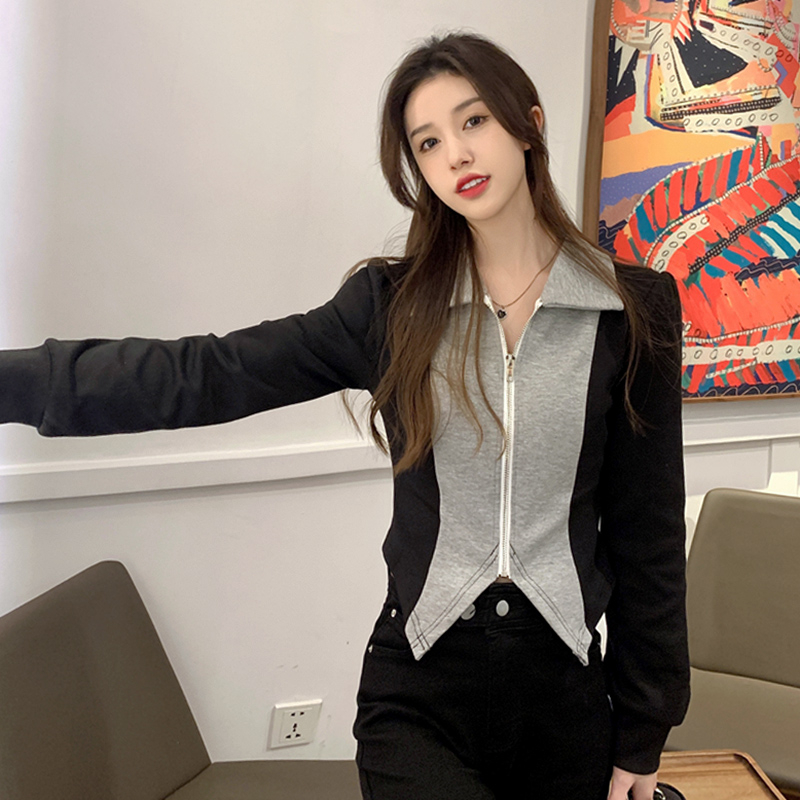 Designed hot girl bottoming shirt for women in autumn and winter plus size polo collar with t-shirt for fat mm contrasting color long-sleeved short top