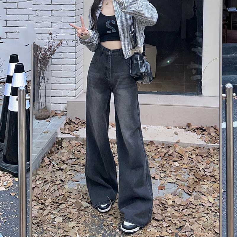水洗黑灰色高腰闊腿牛仔女美式高街寬鬆垂感拖地直筒褲