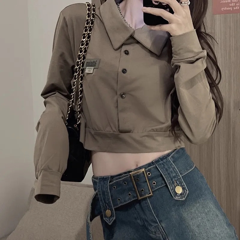 辣妹POLO衫翻領長袖t恤女春秋新款修身顯瘦收腰短款網紅上衣ins潮