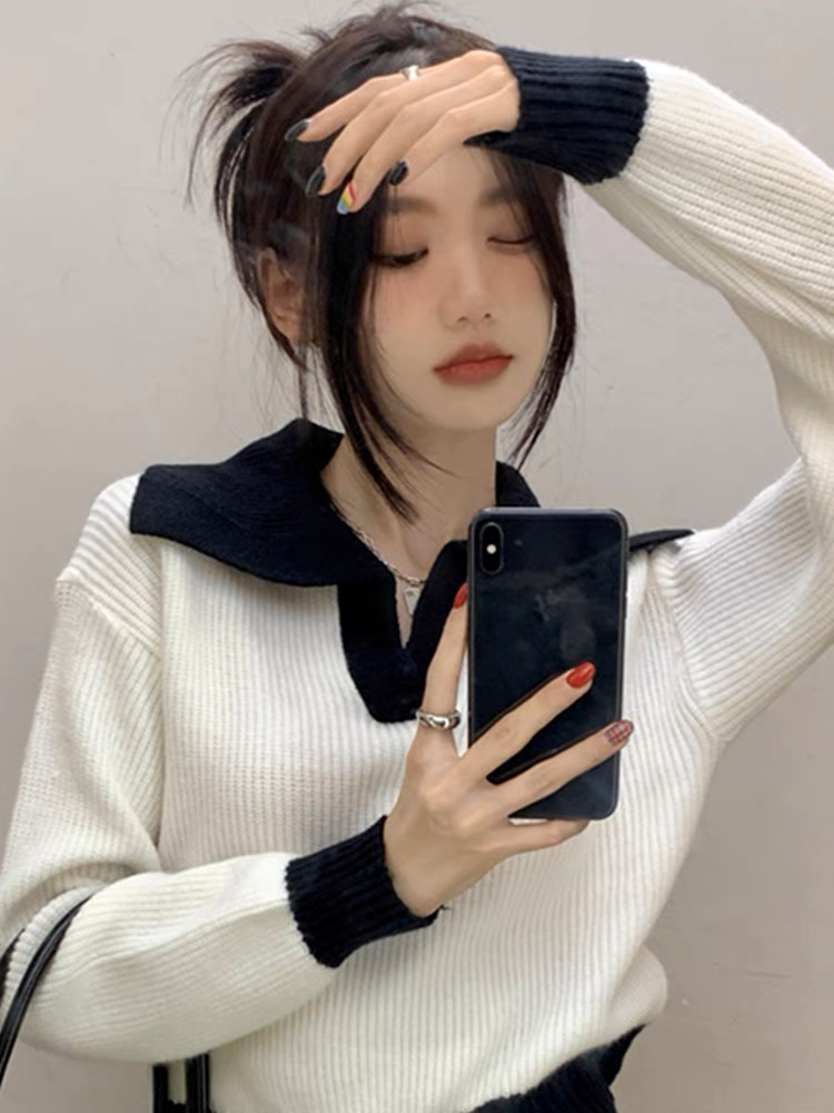 奶系穿搭早秋毛衣小個子v領針織衫女修身短款設計感辣妹風打底衫