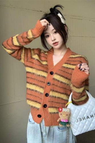 Real shot V-neck striped sweater jacket winter  new furry thickened loose contrast color sweater