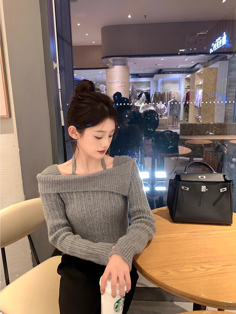 純欲掛脖毛衣女秋冬季2023新款設計感小眾一字肩打底內搭針織上衣