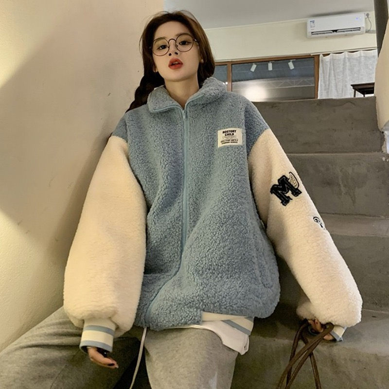 撞色拼接刺繡羊羔毛絨外套女秋冬季百搭加厚美式復古搖粒絨棒球服