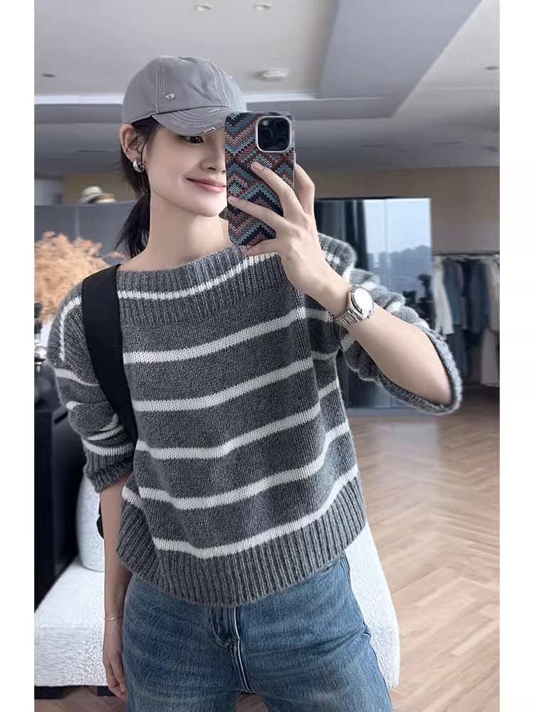 韓版撞色條紋溫柔風套頭毛衣女秋冬軟糯圓領慵懶針織衫高級感上衣