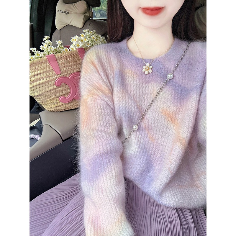 秋冬季暈染懶慵溫柔風軟糯奶fufu撞色紫色馬海毛毛衣女針織衫上衣