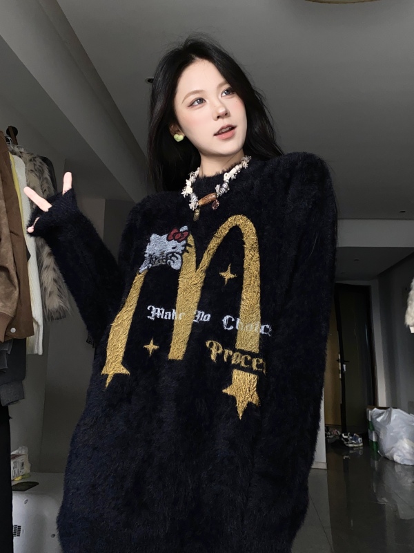 BabyStudios 秋冬新款美式惡搞KT貓仿水貂毛甜酷毛衣女軟糯針織衫