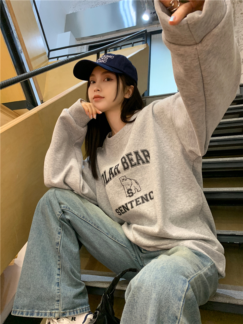 Korean style letter sweatshirt for women with velvet thickened round neck large size autumn and winter loose mid-length long-sleeved pullover student top