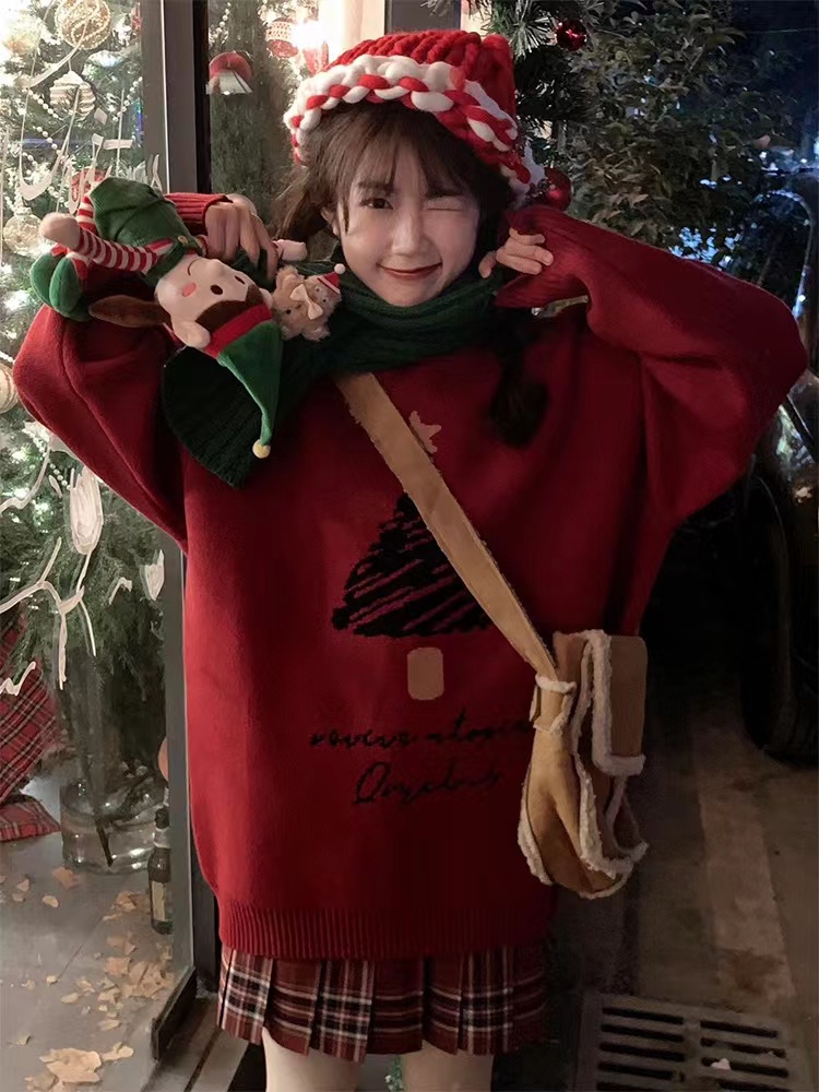QSY New Year limited edition Chinese fashion brand American lucky tree jacquard pullover sweater for women loose sweater