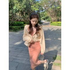 2023 New Human Peach Spring Waffle Cardigan Loose Sweater Suspender Skirt Casual Suit for Women