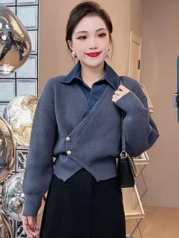 歐貨撞色牛仔拼接假兩件翻領毛衣女秋冬新款百搭時尚氣質針織上衣