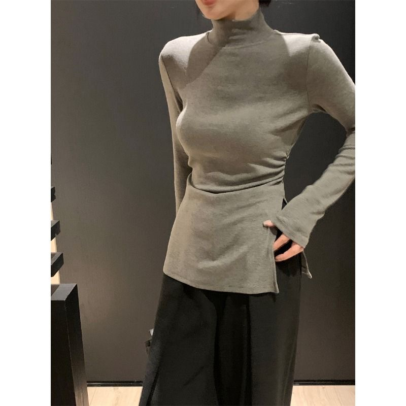 PPHOME素雅師姐~半高領長袖打底衫女秋冬季內搭修身開叉別致上衣