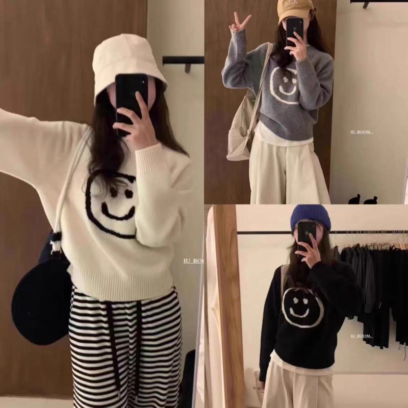 2023韓版白色毛衣女寬鬆內搭加厚早秋冬笑臉慵懶風日系上衣設計感
