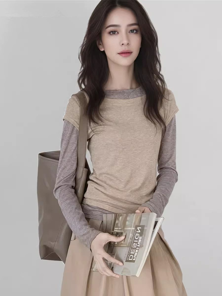 Maillard long-sleeved sweater and sweater for women in early autumn, inner and outer wear, stitching design, niche temperament bottoming shirt