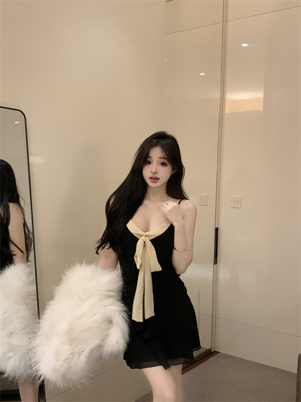 實拍  黑色蝴蝶結吊帶連衣裙顯瘦性感氣質party小禮服裙