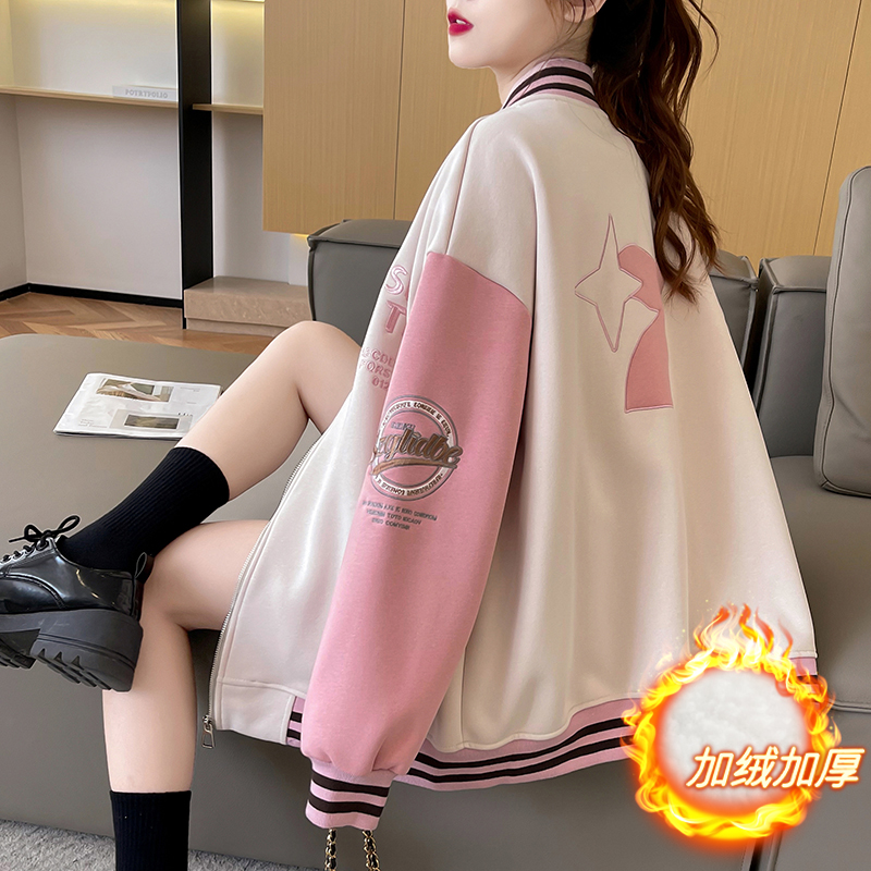 實拍 純棉華棉加厚加絨寬鬆韓版撞色棒球服外套衛衣女冬裝